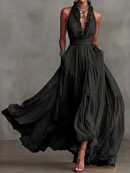 Brenda | Women's Ruffle Trim Halter Plunge Maxi Dress