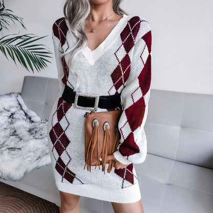 Fenwick | Women's Argyle Knit V Neck Long Sleeve Sweater Dress