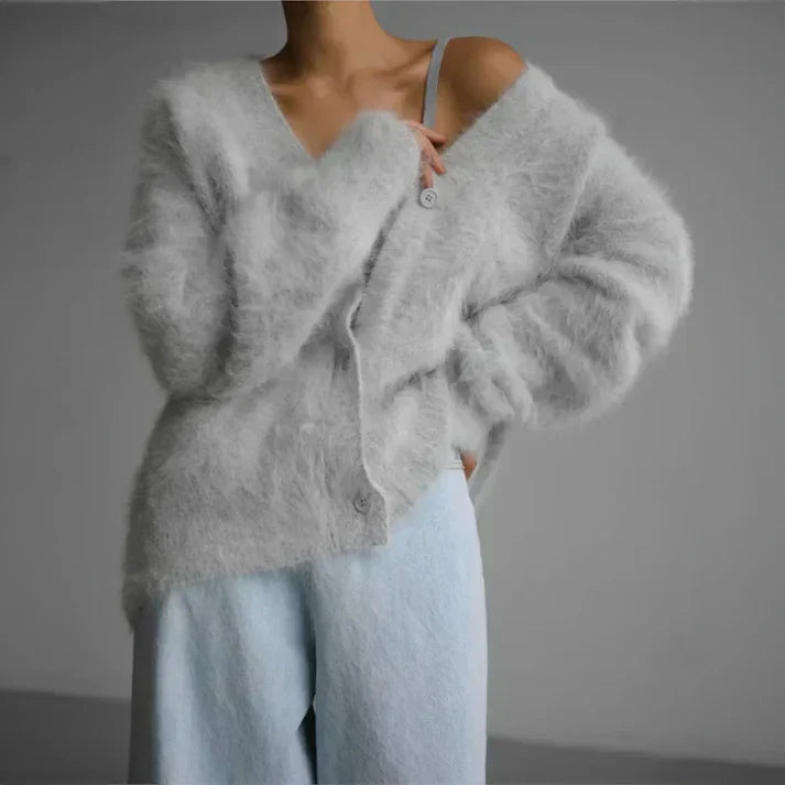 Elara | Women's Fuzzy Knit V-Neck Button-Front Cardigan