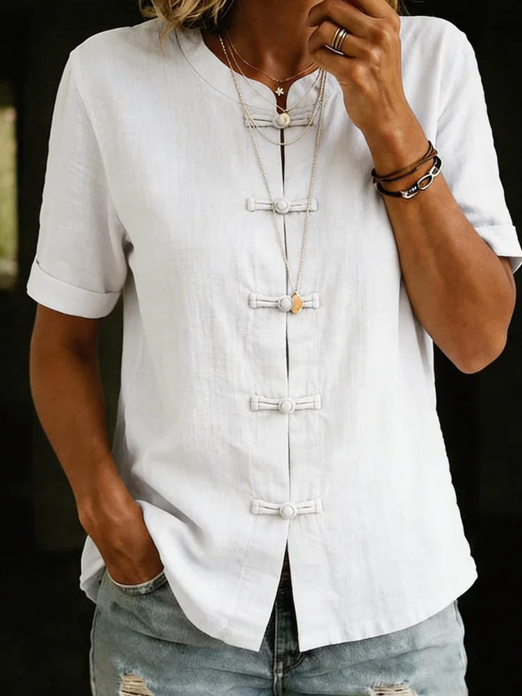 Josephine | Women's Linen Blend Blouses Short Sleeve Mandarin Button