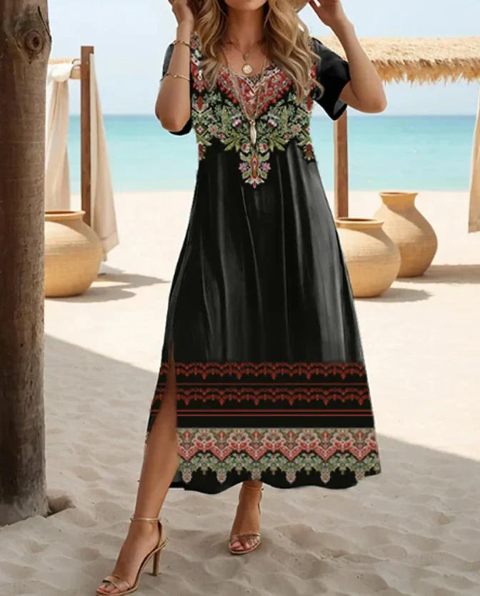 Genevieve | Women's Boho Maxi Dress Embroidered Short Sleeve Side Slit