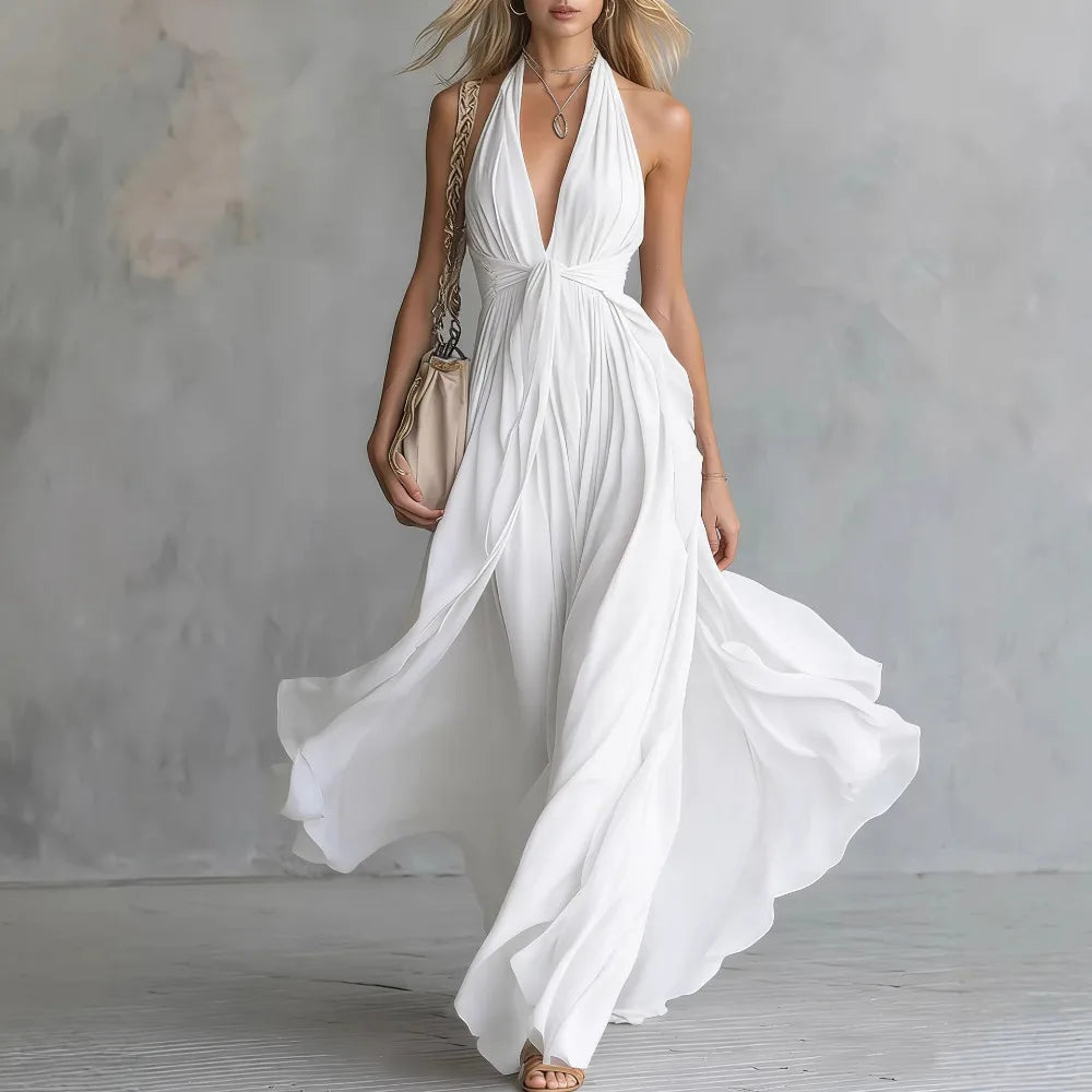 Roselyn | Women's Halter Neck Plunge Flowy Evening Maxi Dress