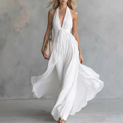Roselyn | Women's Halter Neck Plunge Flowy Evening Maxi Dress