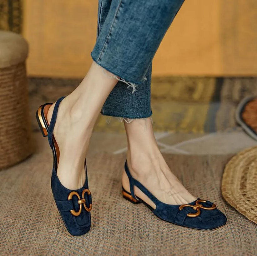 Virginia | Elegant Block Heeled Sandals Suede Slingback Gold Hardware