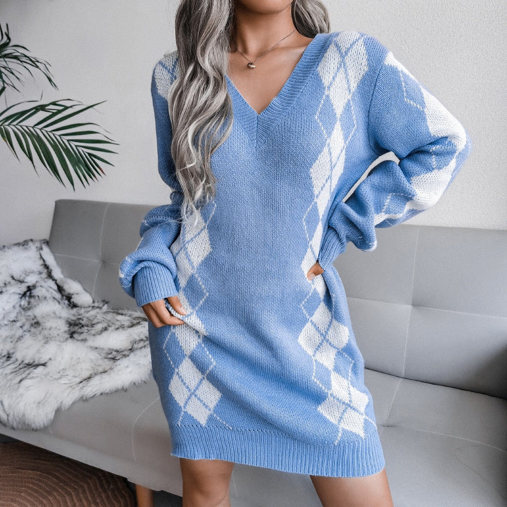 Fenwick | Women's Argyle Knit V Neck Long Sleeve Sweater Dress