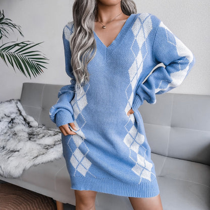 Fenwick | Women's Argyle Knit V Neck Long Sleeve Sweater Dress