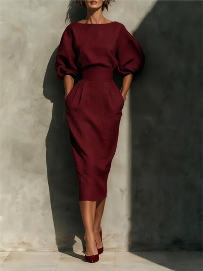 Bailey | Women's Lantern Sleeve Pleated Linen Blend Midi Dress