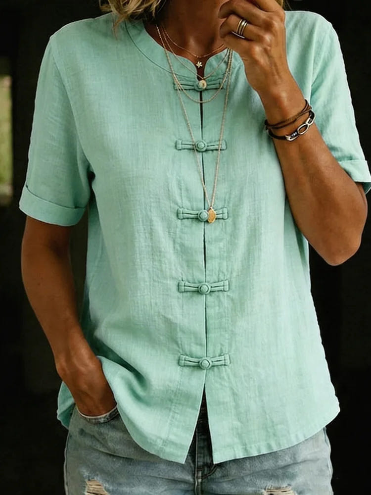 Josephine | Women's Linen Blend Blouses Short Sleeve Mandarin Button