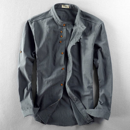 Kenji | Men's Mandarin Collar Button-Up Linen Blend Shirt