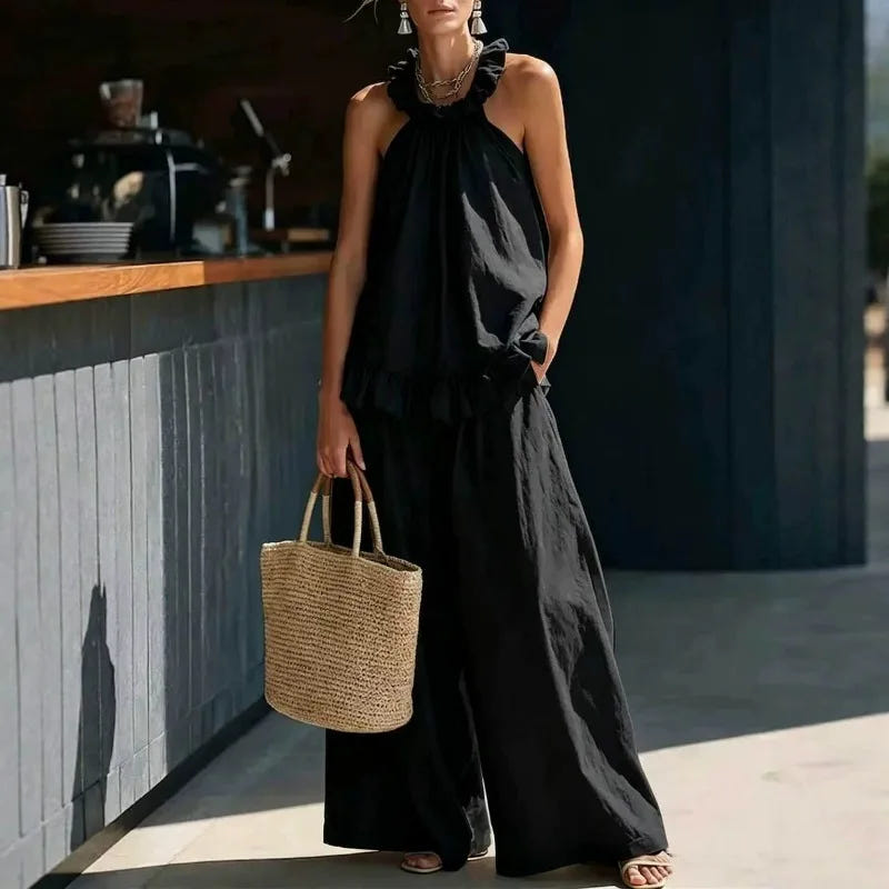 Harper | Women's Linen Blend Two Piece Set Ruffle Halter Wide Leg