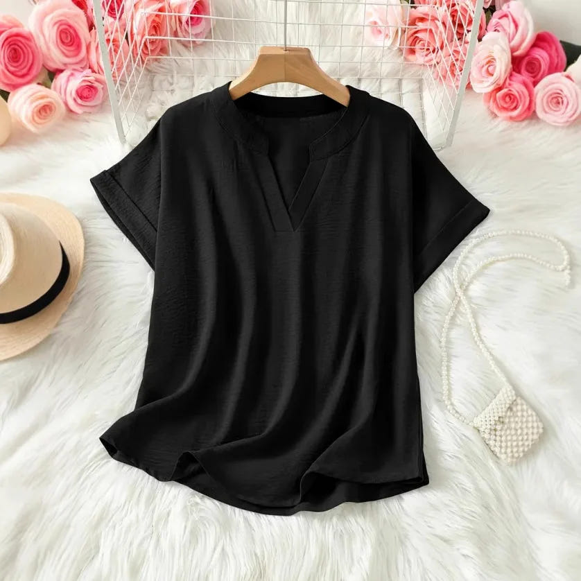 Cynthia | Women's Relaxed V-Neck Short Sleeve Summer Tunic Blouse