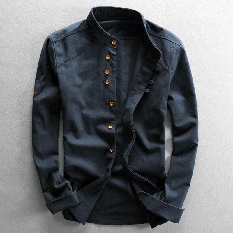 Kenji | Men's Mandarin Collar Button-Up Linen Blend Shirt