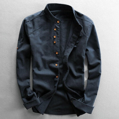 Kenji | Men's Mandarin Collar Button-Up Linen Blend Shirt