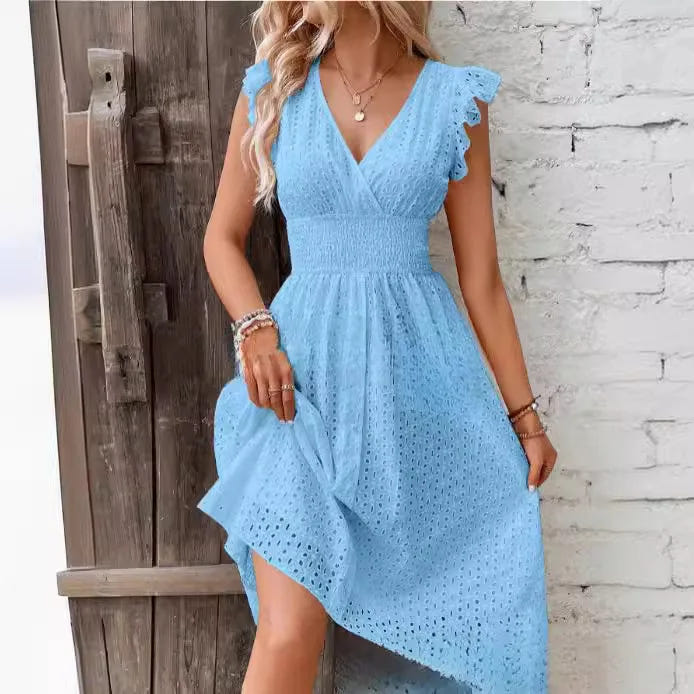 Lily | Women's Eyelet V-Neck Ruffle Sleeve Casual Summer Dress