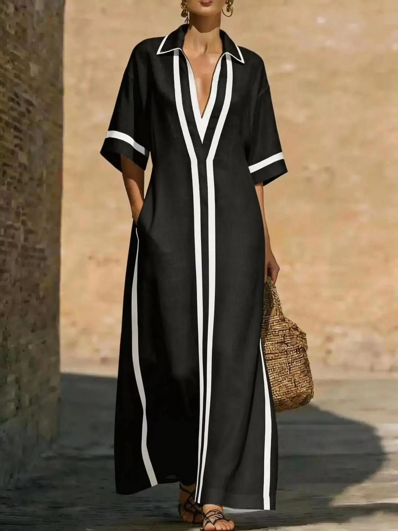 Victoria | Women's Maxi Dress Shirt Collar V Neck Contrast Trim