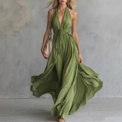 Roselyn | Women's Halter Neck Plunge Flowy Evening Maxi Dress