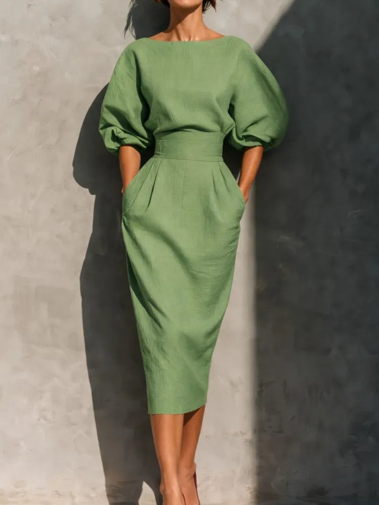 Bailey | Women's Lantern Sleeve Pleated Linen Blend Midi Dress