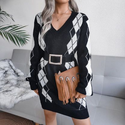 Fenwick | Women's Argyle Knit V Neck Long Sleeve Sweater Dress