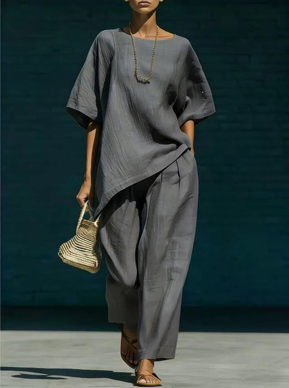 Kalynra | Women's Linen Blend Relaxed Wide Leg Matching Set