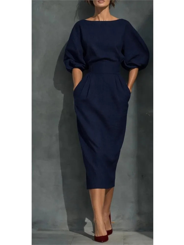 Bailey | Women's Lantern Sleeve Pleated Linen Blend Midi Dress