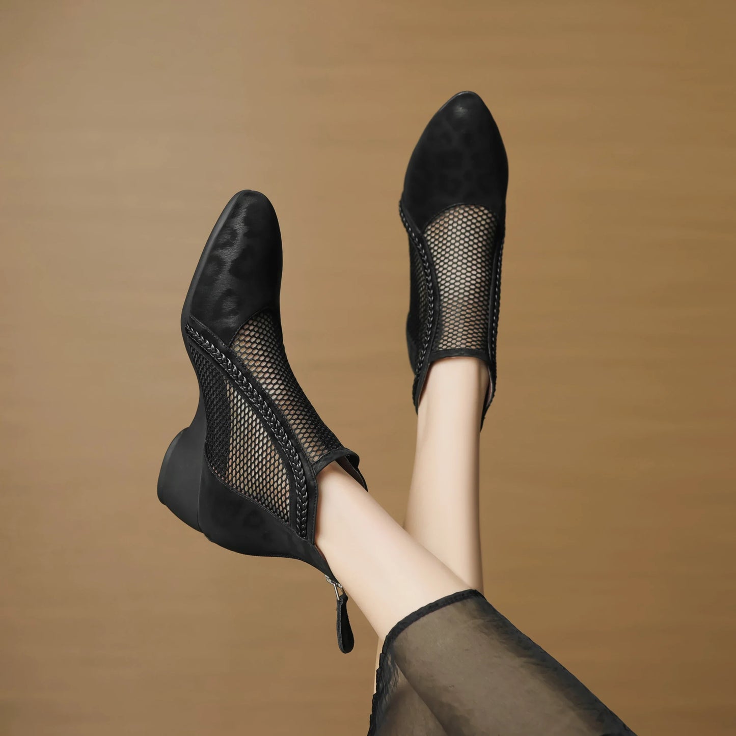 Thalira | Women's Mesh Panel Leopard Print Block Heel Ankle Boot