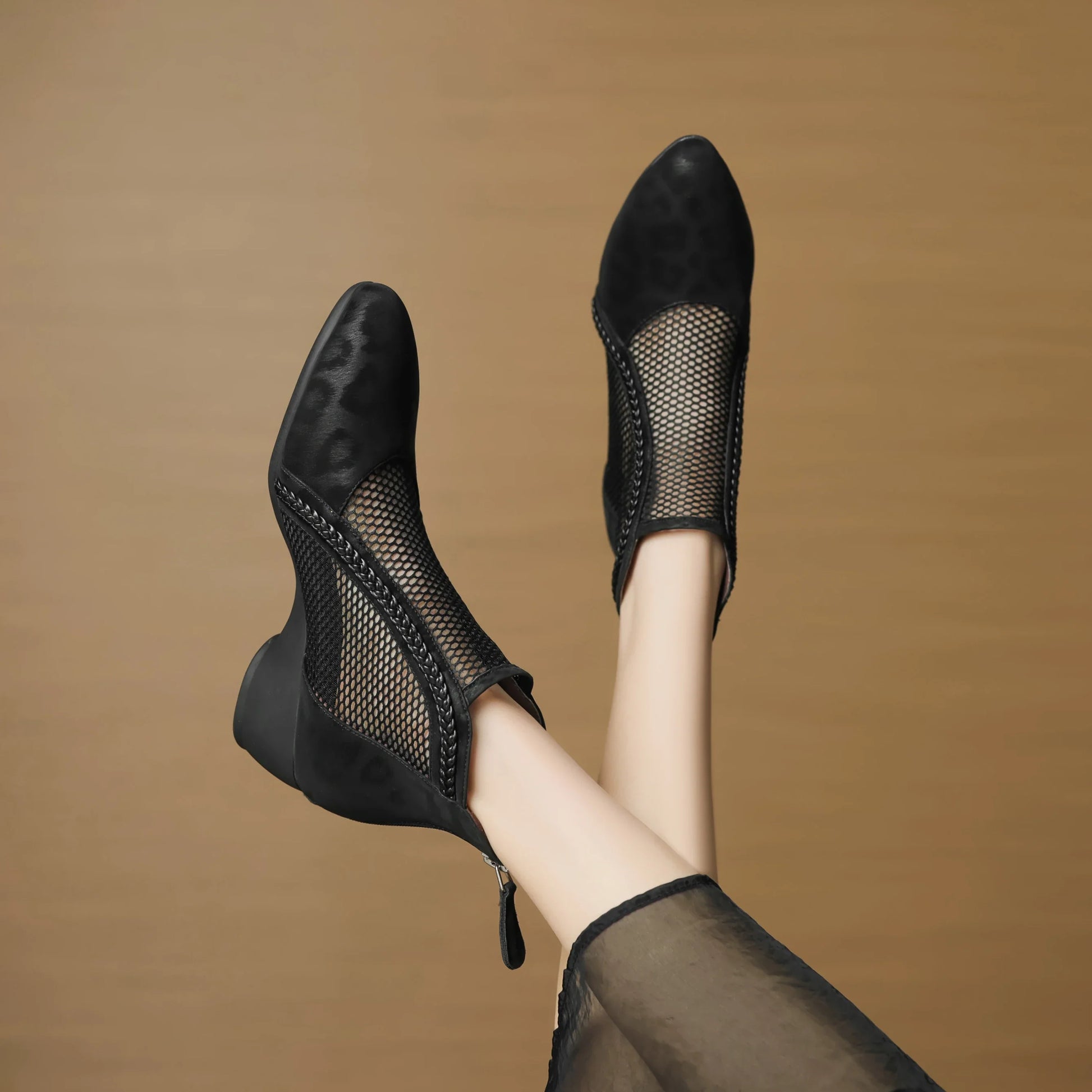 Thalira | Women's Mesh Panel Leopard Print Block Heel Ankle Boot