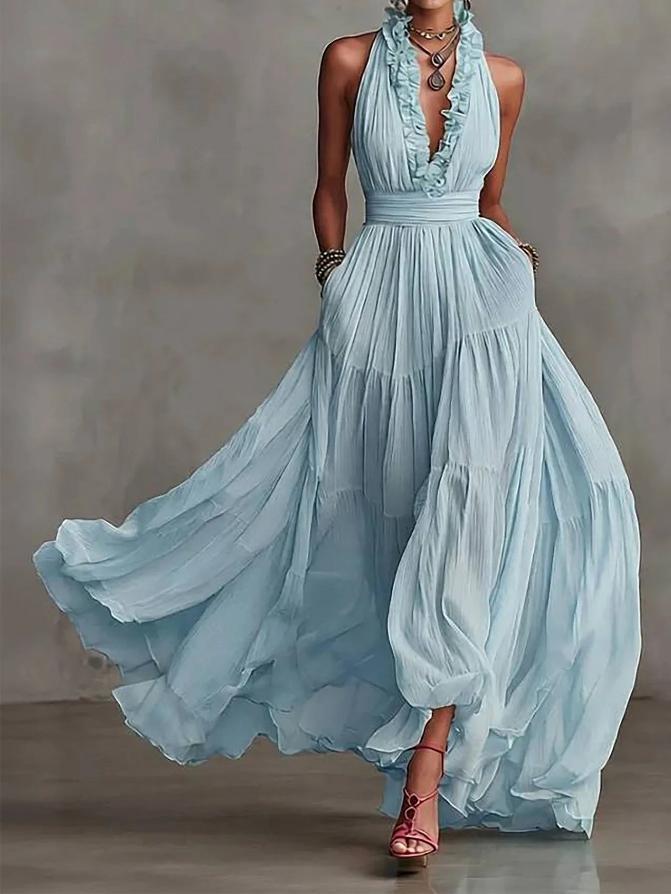 Brenda | Women's Ruffle Trim Halter Plunge Maxi Dress