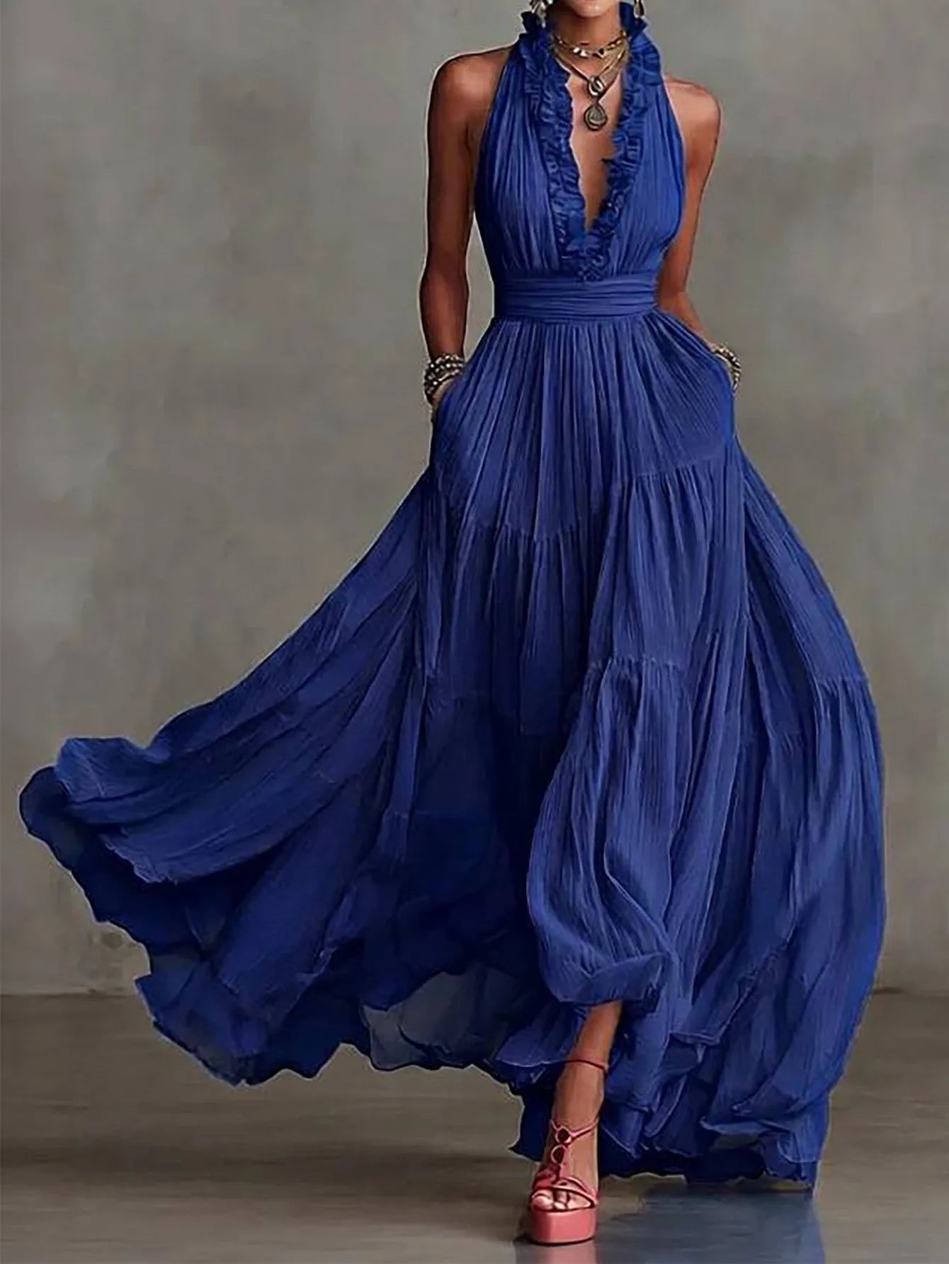 Brenda | Women's Ruffle Trim Halter Plunge Maxi Dress
