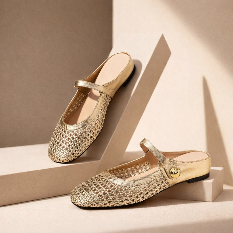 Sienna | Women's Flat Mules Woven Mary Jane Slip On Gold