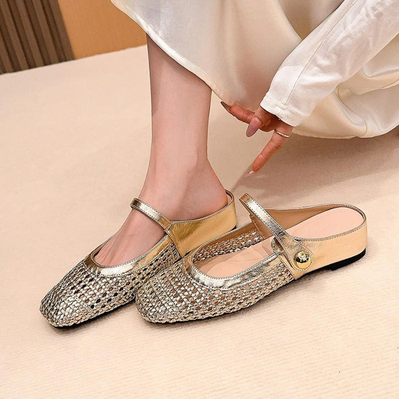 Sienna | Women's Flat Mules Woven Mary Jane Slip On Gold