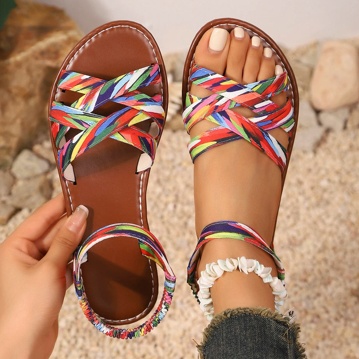 Soraia | Flat Sandals Boho Colorful Woven Strap Beach