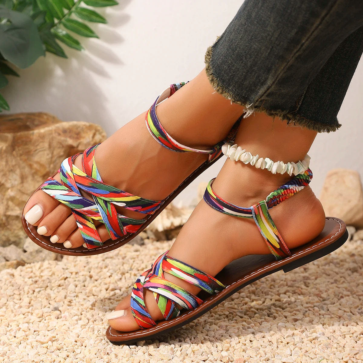 Soraia | Flat Sandals Boho Colorful Woven Strap Beach