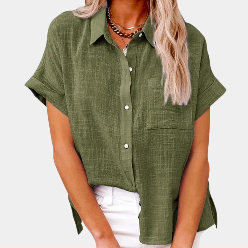 Yara | Women's Cotton Linen Blend Short Sleeve Button Down Blouse