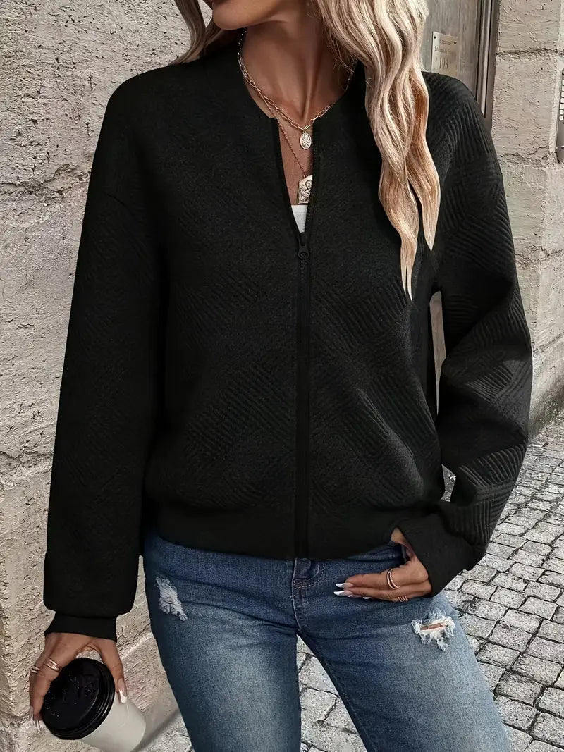 Brialle | Women's Textured Knit Zip-Up Ribbed Trim Cropped Cardigan