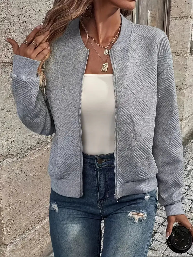 Brialle | Women's Textured Knit Zip-Up Ribbed Trim Cropped Cardigan