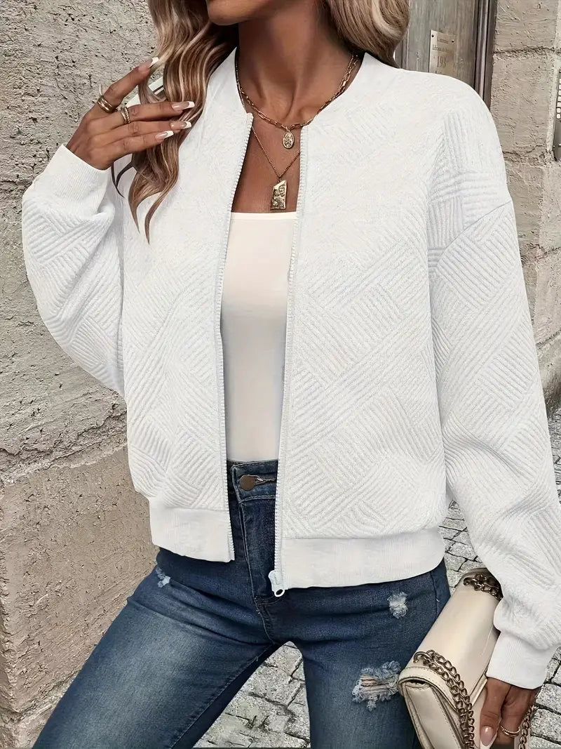 Brialle | Women's Textured Knit Zip-Up Ribbed Trim Cropped Cardigan