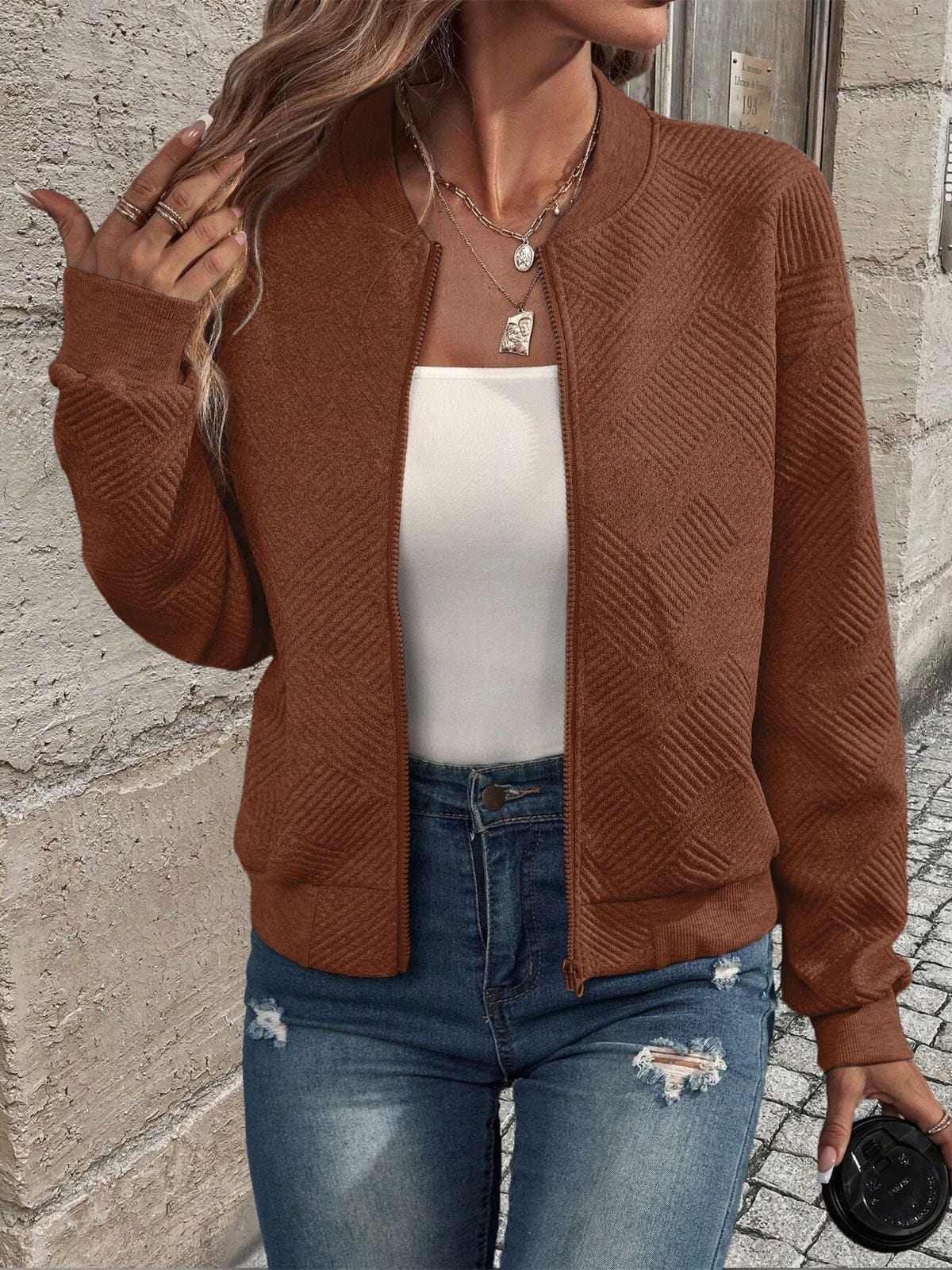 Brialle | Women's Textured Knit Zip-Up Ribbed Trim Cropped Cardigan