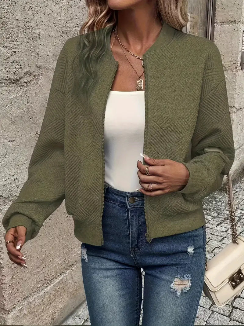Brialle | Women's Textured Knit Zip-Up Ribbed Trim Cropped Cardigan