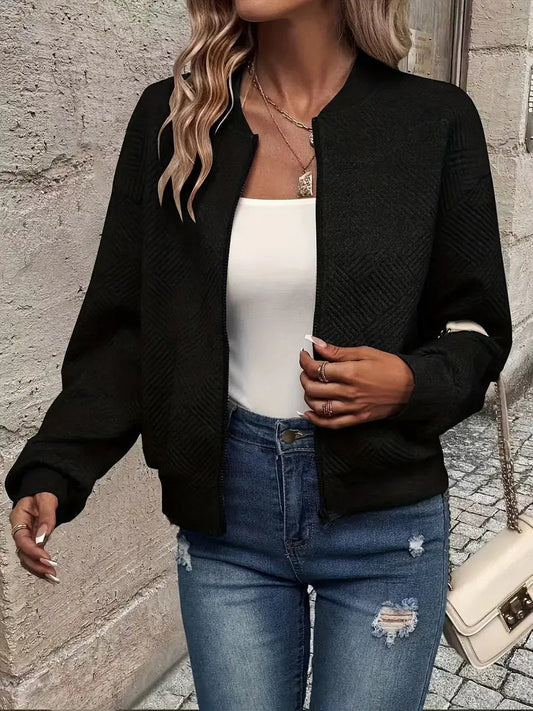 Brialle | Women's Textured Knit Zip-Up Ribbed Trim Cropped Cardigan