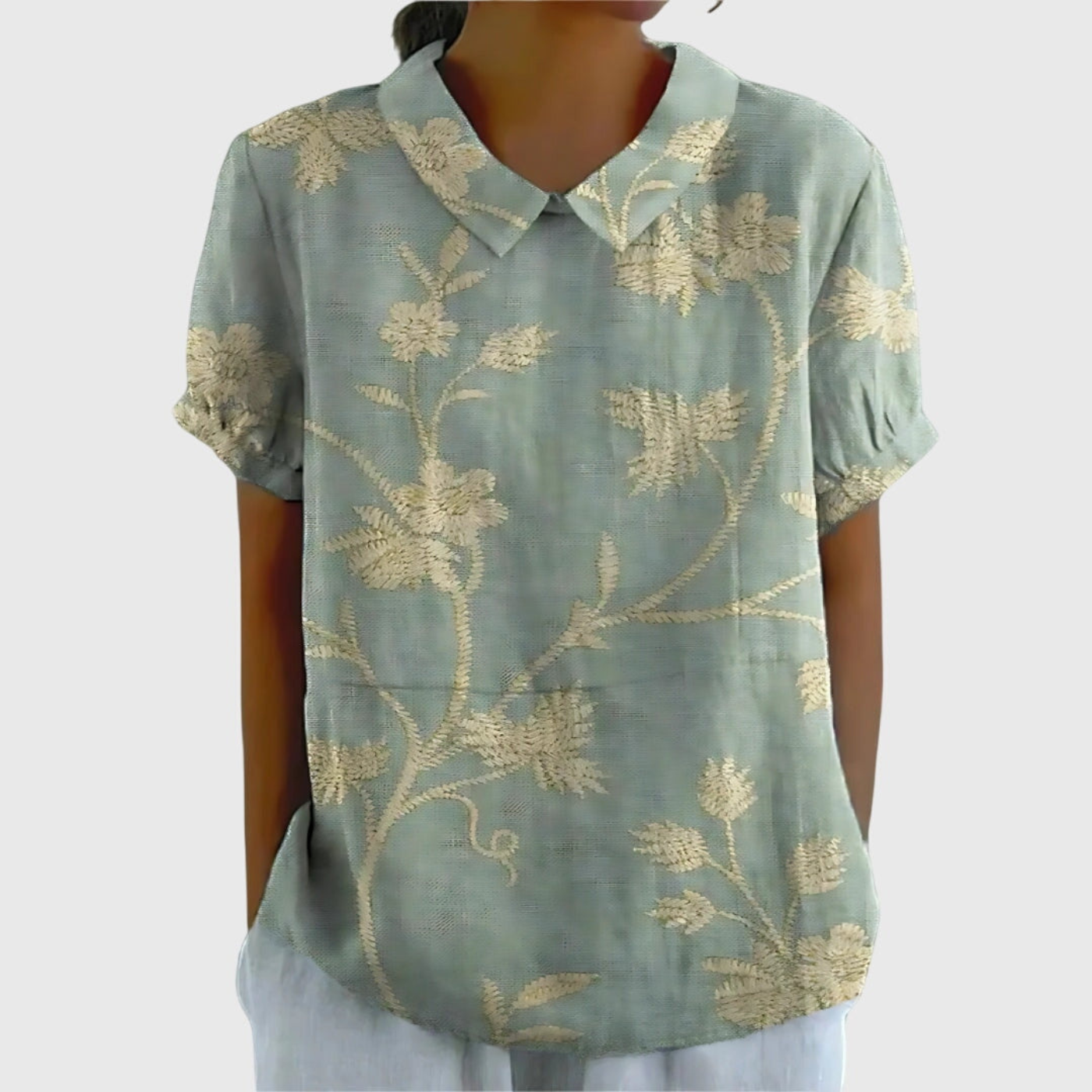 Thea | Women's Linen Blend Floral Short Sleeve Collared Blouse
