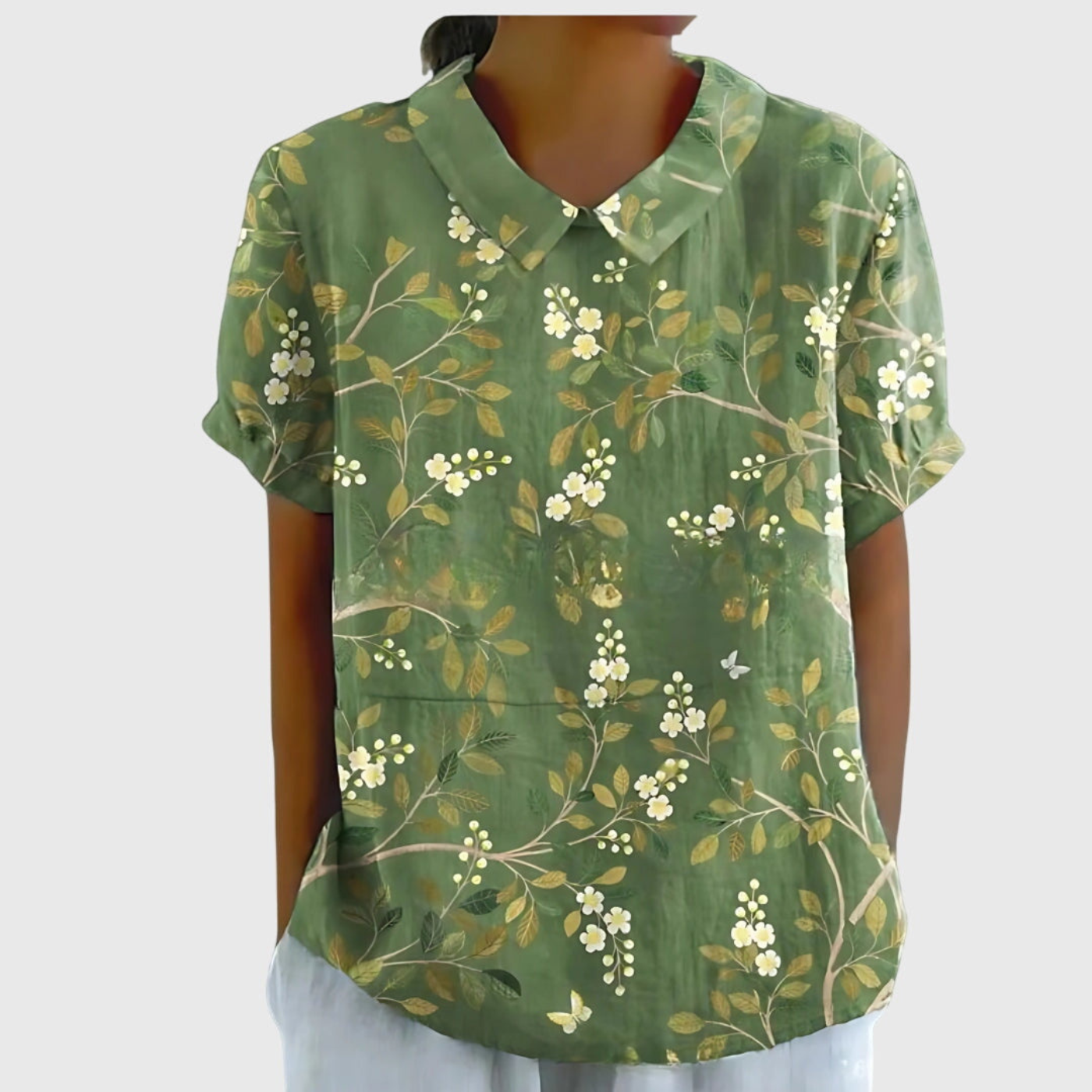Thea | Women's Linen Blend Floral Short Sleeve Collared Blouse