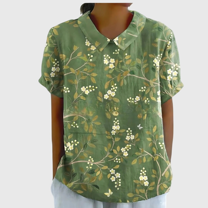 Thea | Women's Linen Blend Floral Short Sleeve Collared Blouse