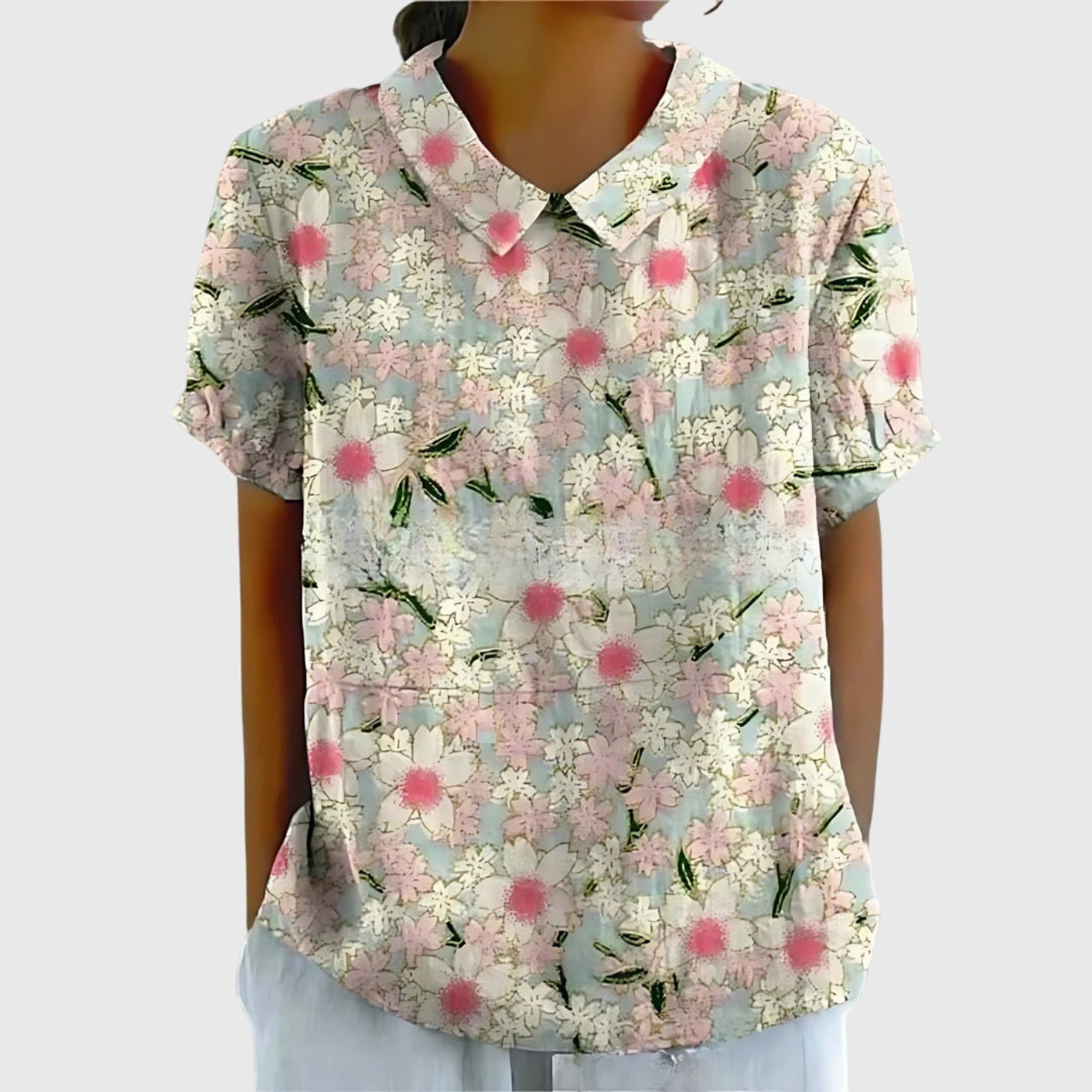 Thea | Women's Linen Blend Floral Short Sleeve Collared Blouse