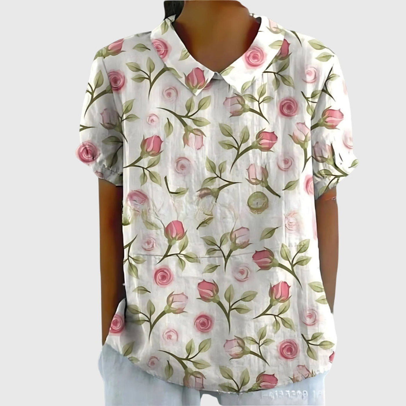 Thea | Women's Linen Blend Floral Short Sleeve Collared Blouse