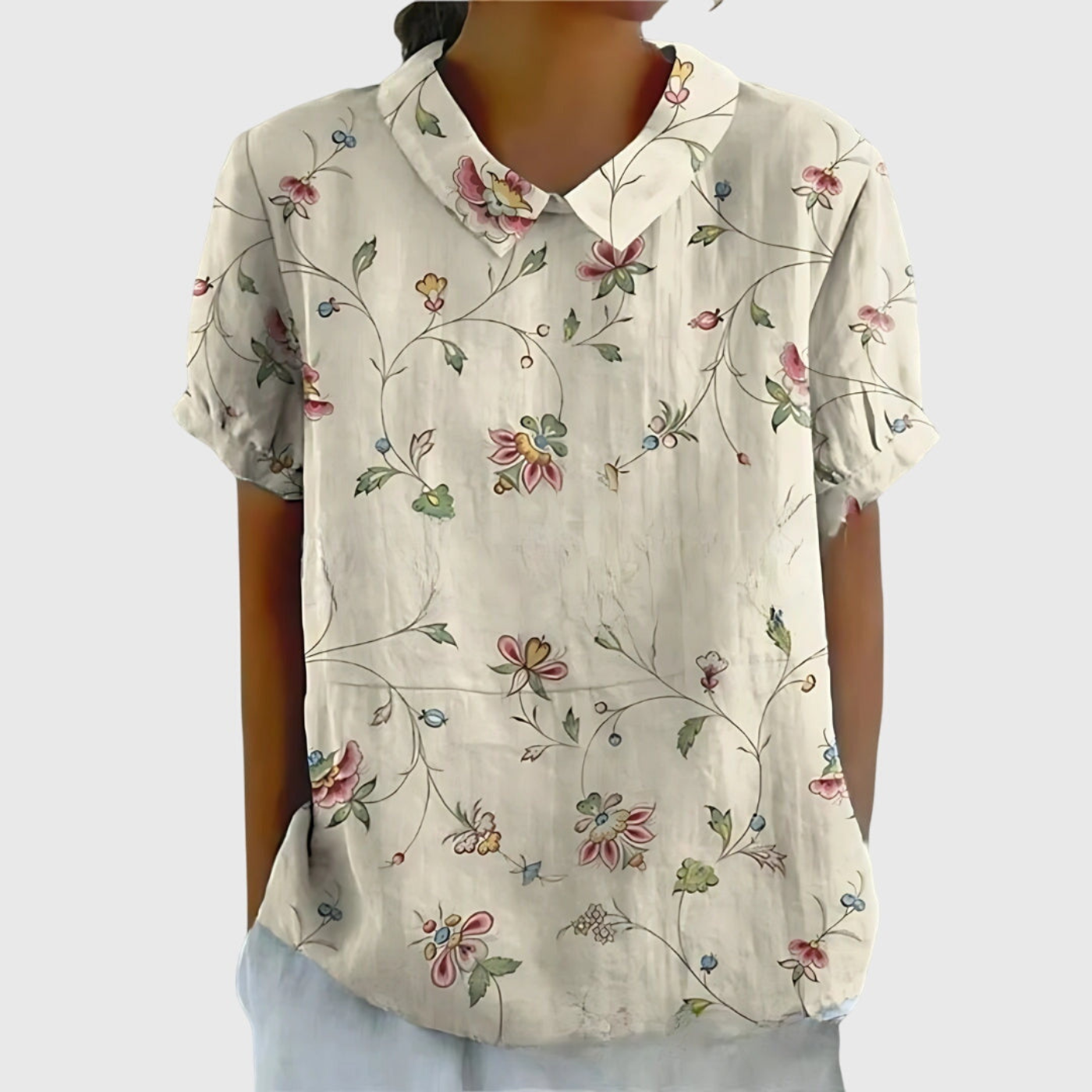Thea | Women's Linen Blend Floral Short Sleeve Collared Blouse