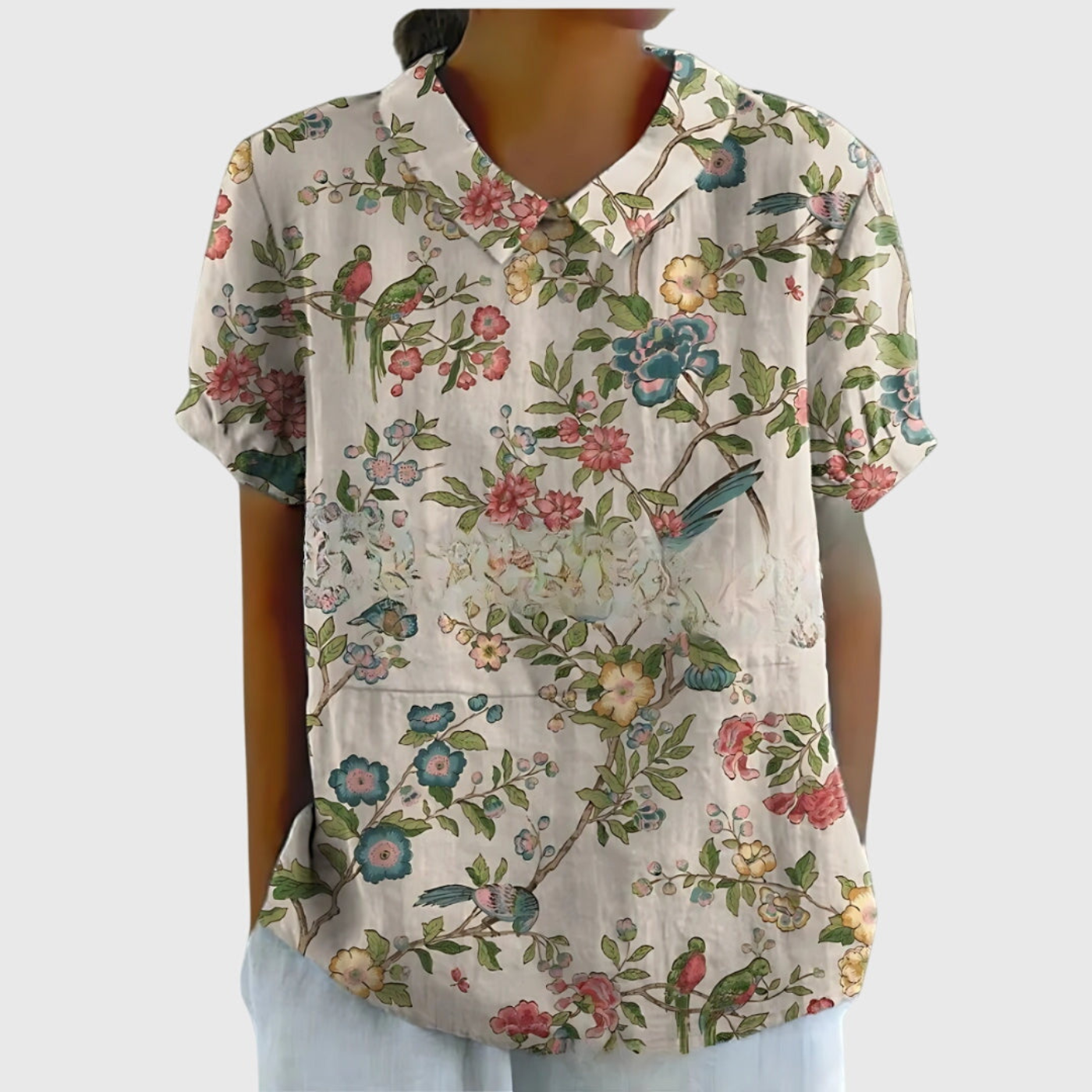 Thea | Women's Linen Blend Floral Short Sleeve Collared Blouse
