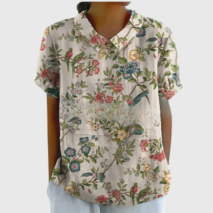 Thea | Women's Linen Blend Floral Short Sleeve Collared Blouse