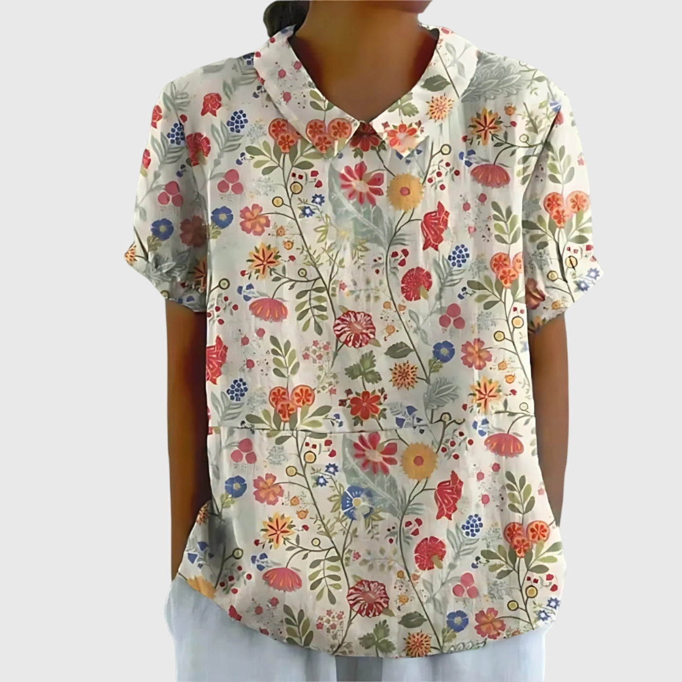 Thea | Women's Linen Blend Floral Short Sleeve Collared Blouse