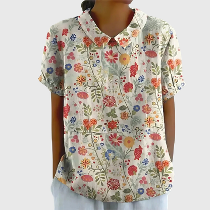 Thea | Women's Linen Blend Floral Short Sleeve Collared Blouse