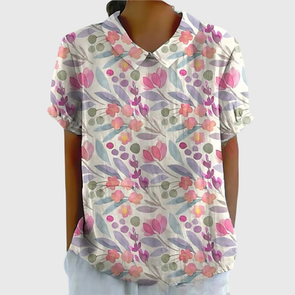Thea | Women's Linen Blend Floral Short Sleeve Collared Blouse